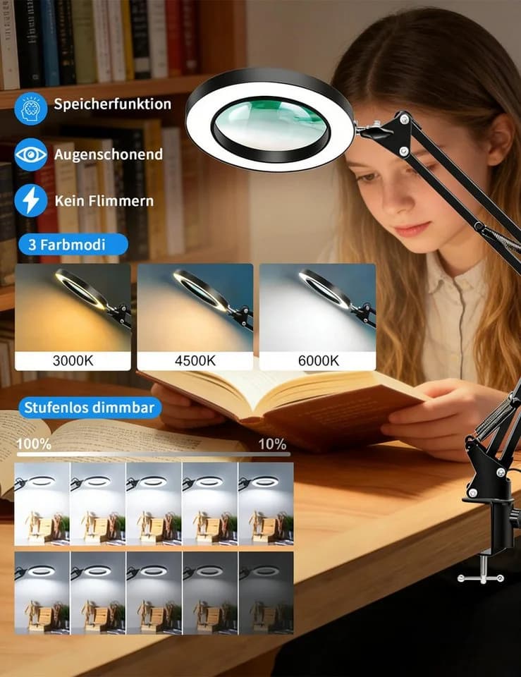 wohnTRAUM24 Lupenlampe LED 10X Lupe mit Licht Schwarz