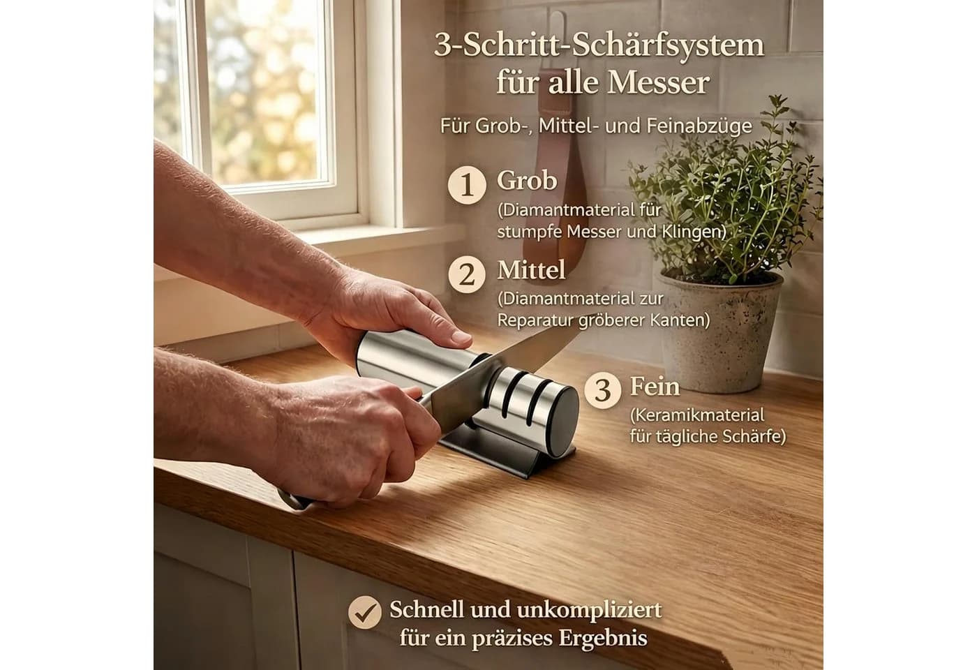 ibettertec Messerschärfer 3-Stufen mit Roll-System Schwarz