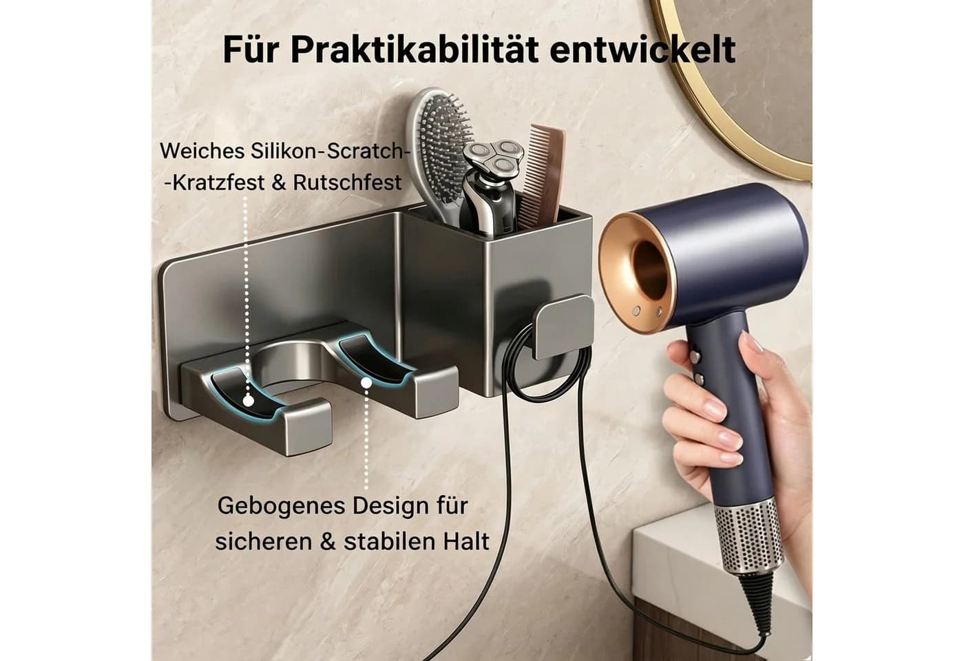 Toomoke Haartrocknerhalter Grau Aluminium Ohne Bohren - Bild 3