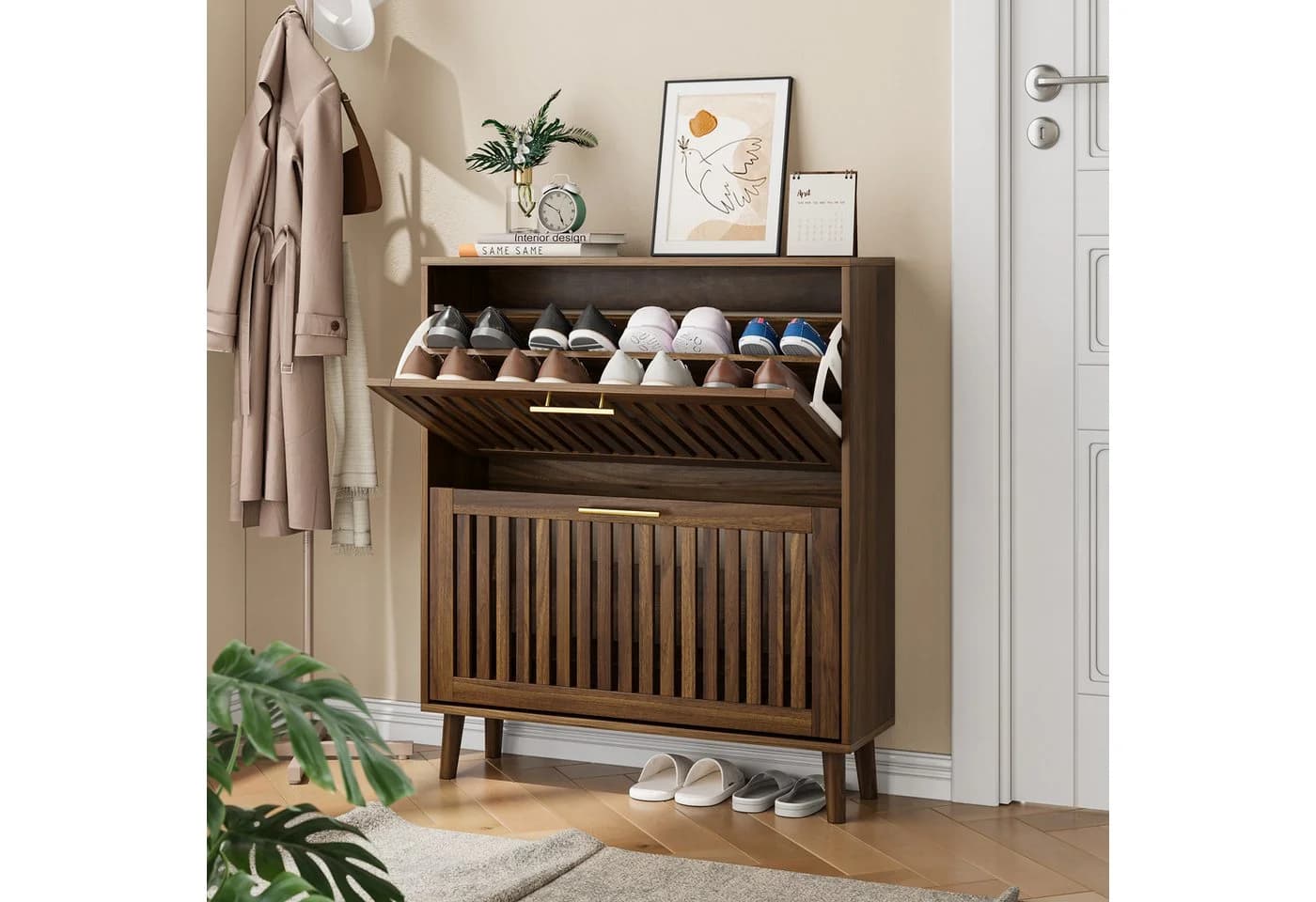 wohnTRAUM24 Schuhschrank Walnuss Landhausstil mit Klappschubladen - Bild 2