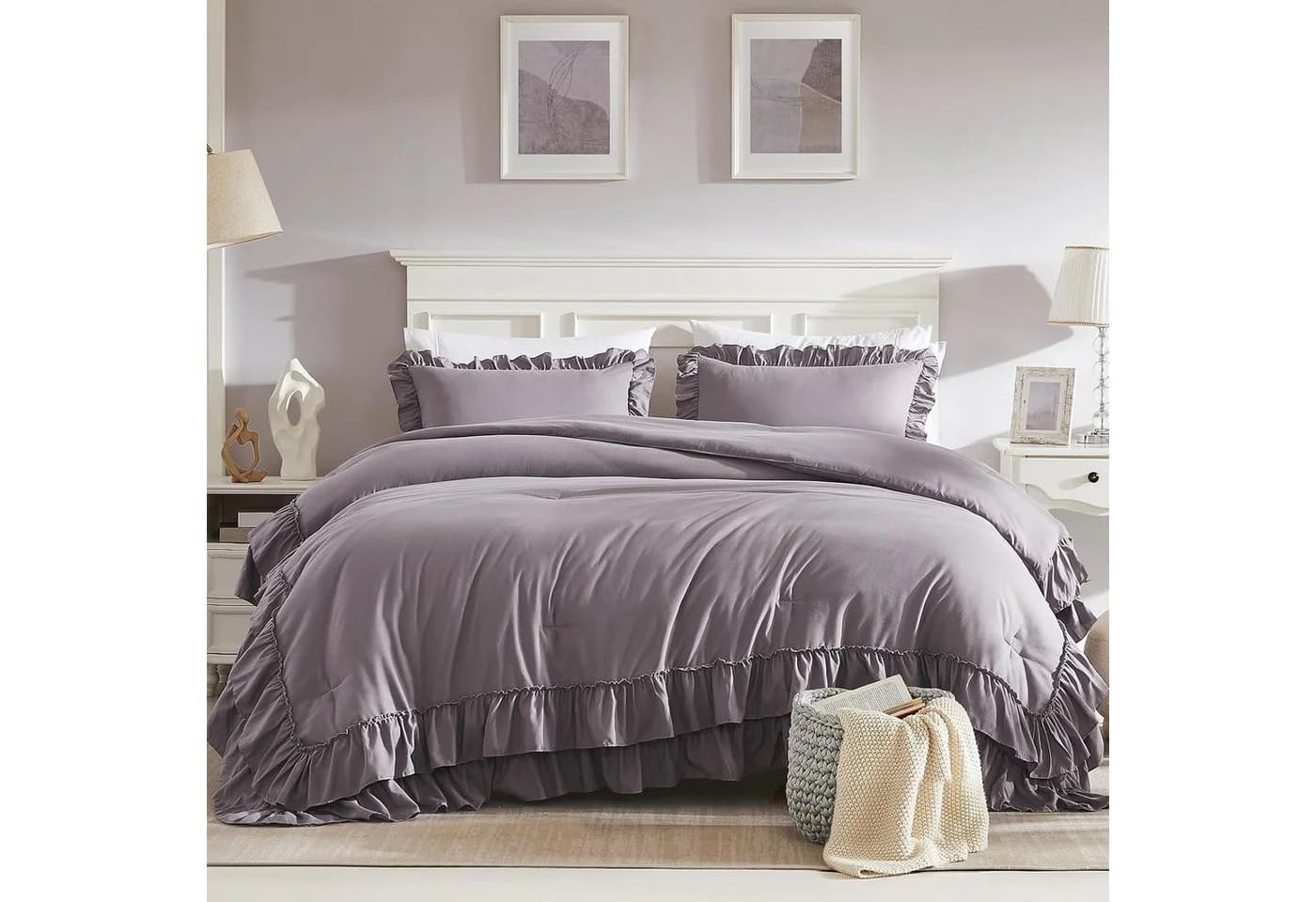 ibettertec Bettwäsche-Set mit Rüschen Grau Mikrofaser Shabby Chic