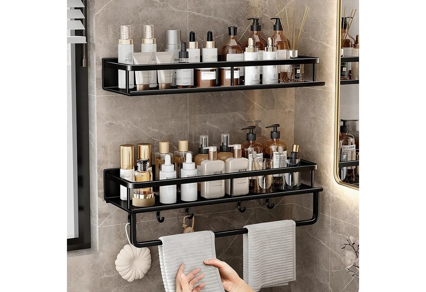 Toomoke Duschregal Duschablage ohne Bohren 2 Stück Duschkorb mit Handtuchhalter, 4 Haken, Shampoo Halterung für Badezimmer Organizer - Bild 4