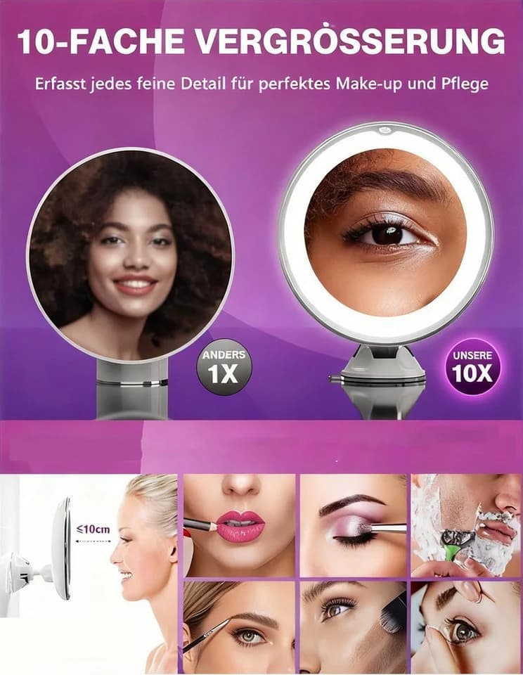 ibettertec Kosmetikspiegel mit LED-Beleuchtung, 10X Vergrößerung und Saugnapf