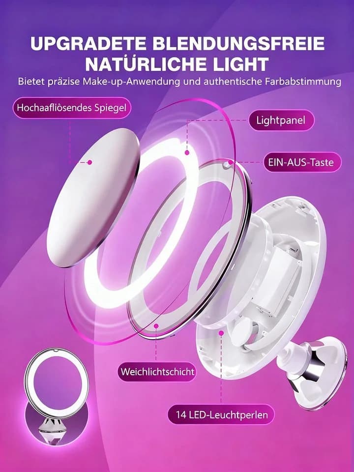 ibettertec Kosmetikspiegel mit LED-Beleuchtung, 10X Vergrößerung und Saugnapf - Bild 3