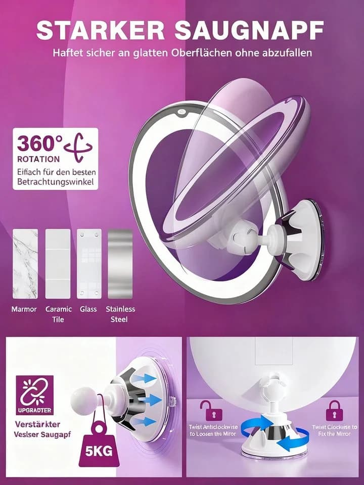 ibettertec Kosmetikspiegel mit LED-Beleuchtung, 10X Vergrößerung und Saugnapf - Bild 4