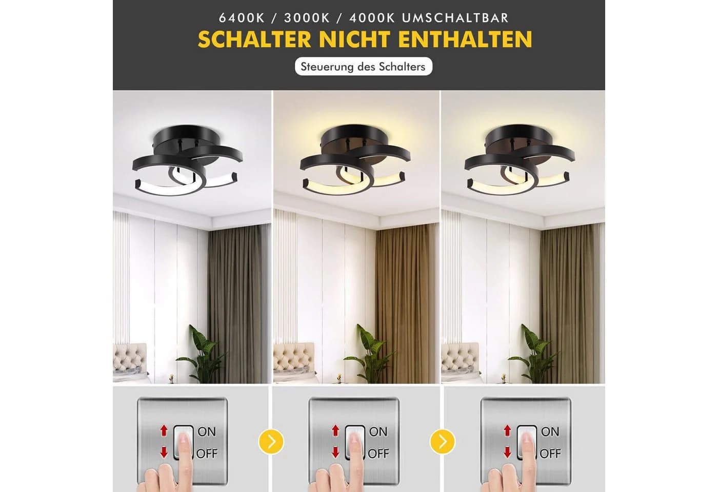 Toomoke LED Deckenleuchte 3-Farbig Dimmbar Schwarz/Weiß - Bild 5