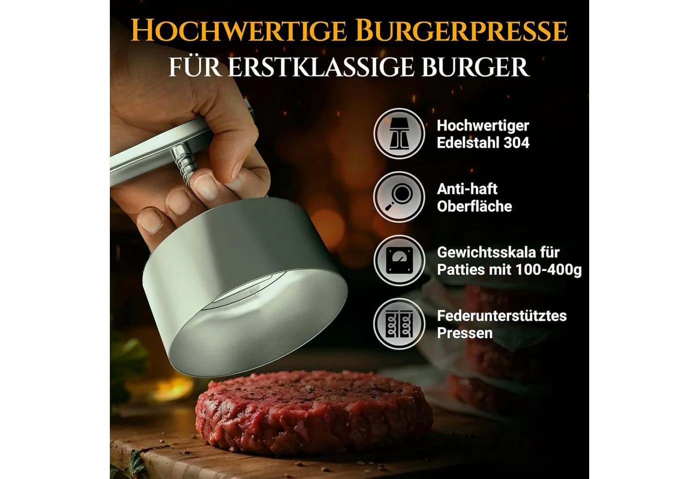 wohnTRAUM24 Burgerpresse Edelstahl Verstellbar 12cm Antihaft