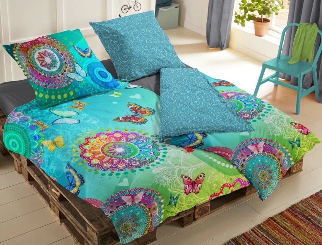 wohnTRAUM24 Wendebettwäsche Baumwolle Bunt Blau Mandalas Schmetterlinge