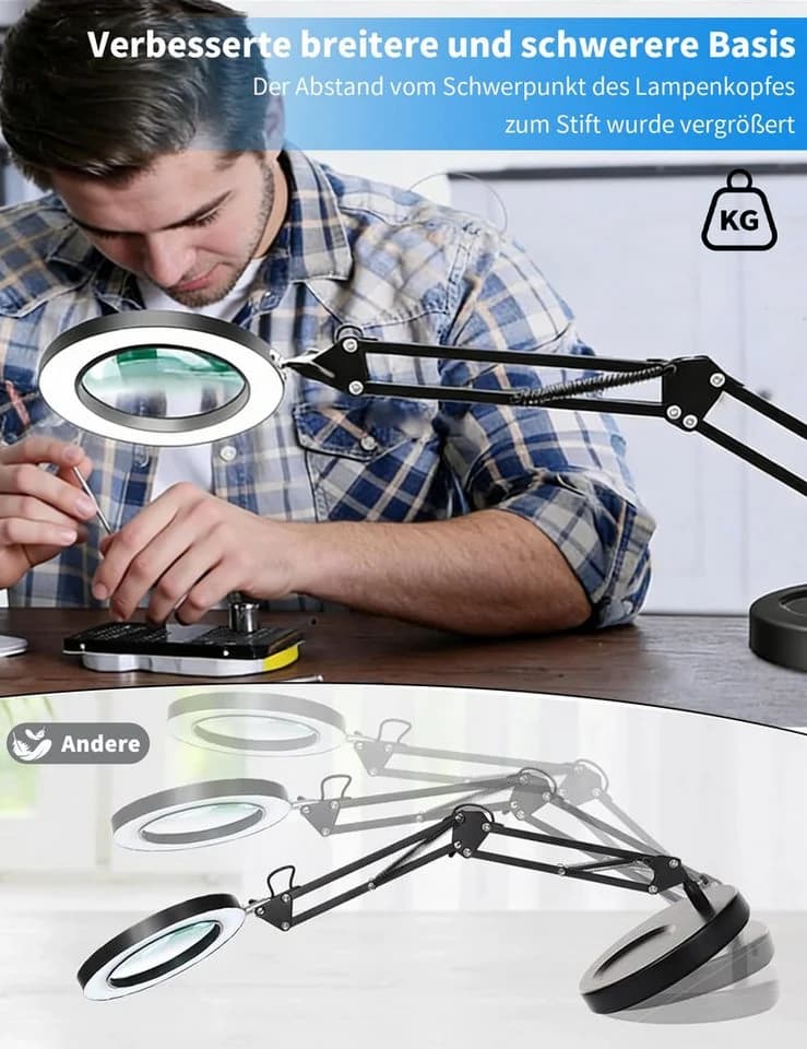 ibettertec Lupenlampe 10X LED mit Licht und Ständer Schwarz - Bild 3