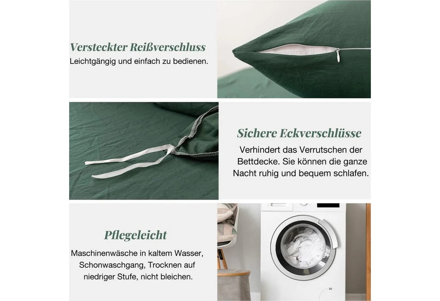ibettertec Bettwäsche 135x200cm, 200x200cm Bettwäsche-Sets Dunkelgrün Atmungsaktiv - Bild 5