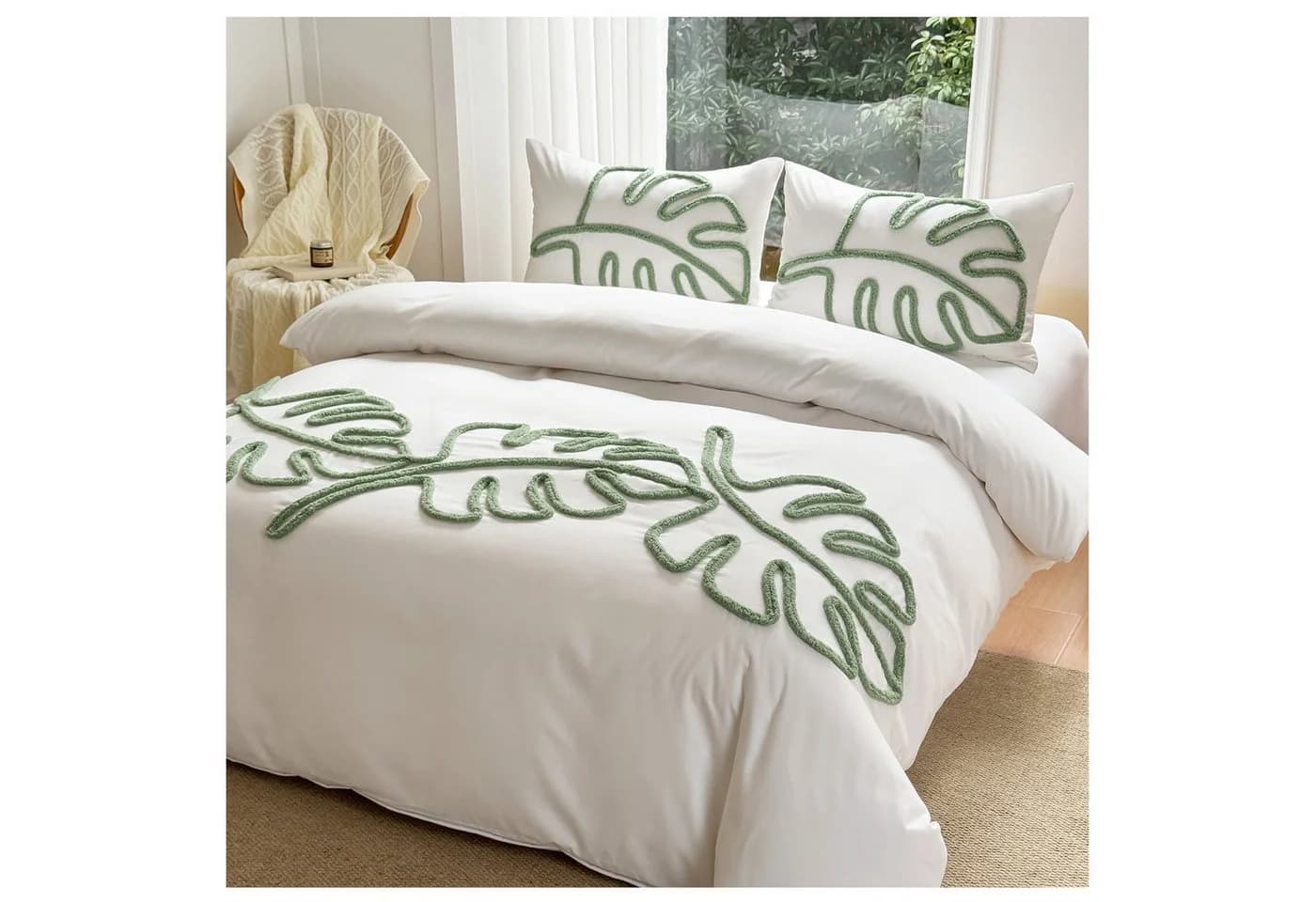 ibettertec Bettwäsche Getuftet Bettwäsche Set 135x200cm, 200x200cm Grüne Blätter Boho Stickerei - Bild 2