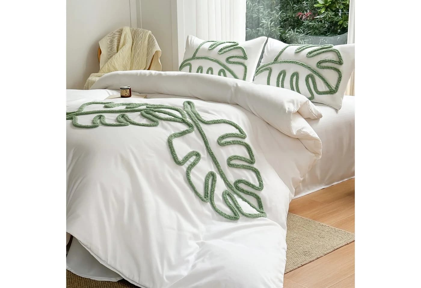 ibettertec Bettwäsche Getuftet Bettwäsche Set 135x200cm, 200x200cm Grüne Blätter Boho Stickerei - Bild 3