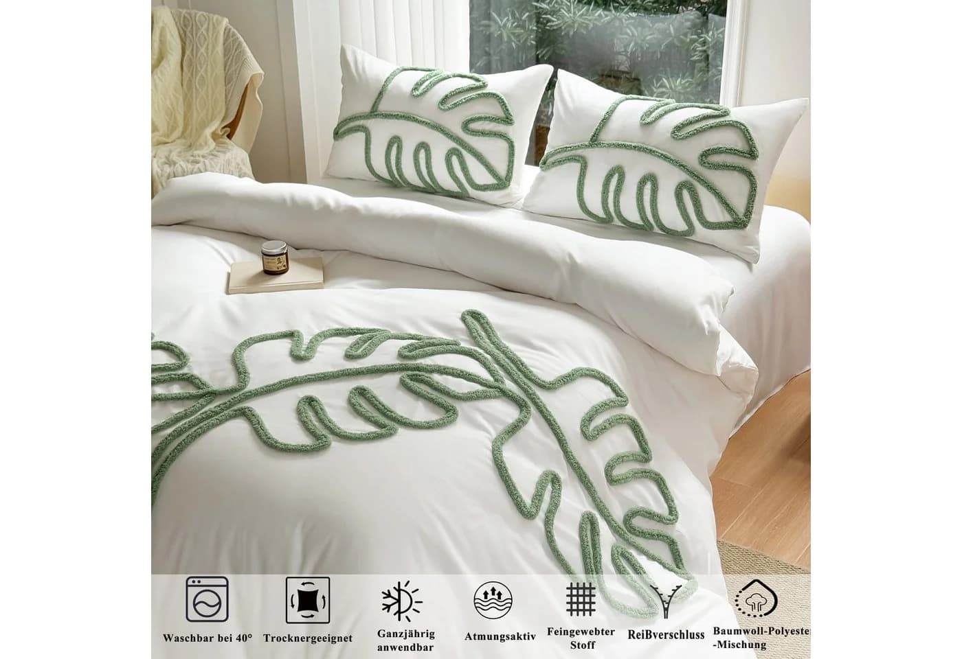 ibettertec Bettwäsche Getuftet Bettwäsche Set 135x200cm, 200x200cm Grüne Blätter Boho Stickerei - Bild 4