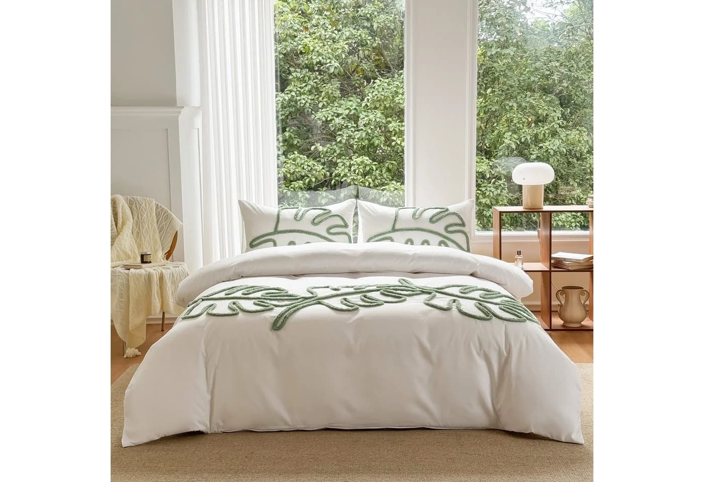 ibettertec Bettwäsche Getuftet Bettwäsche Set 135x200cm, 200x200cm Grüne Blätter Boho Stickerei - Bild 5