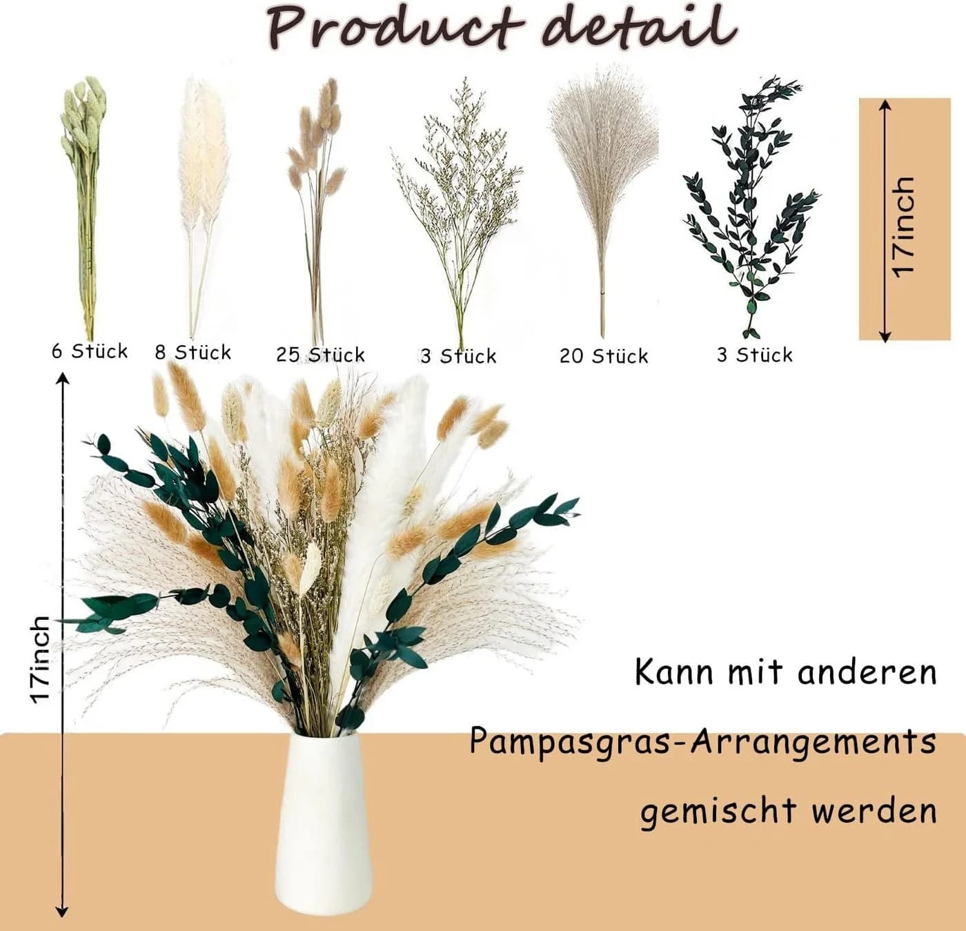 Toomoke Trockenblume Pampasgras 65 Stück Beige - Bild 5