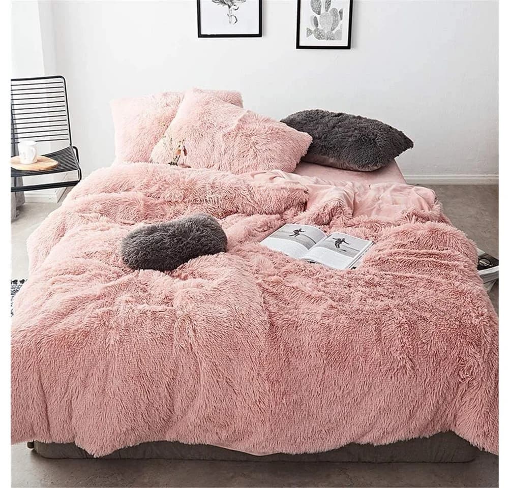 ibettertec Bettwäsche Plüsch Rosa mit Kissenbezug und Reißverschluss