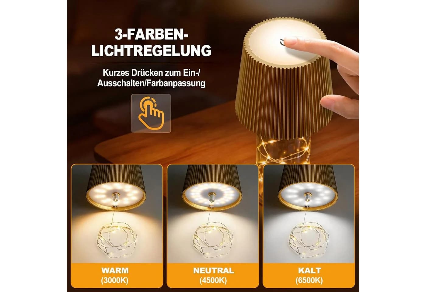 LaCute LED Flaschenlampe USB-C Akku Tischleuchte mit Lichterkette Gold