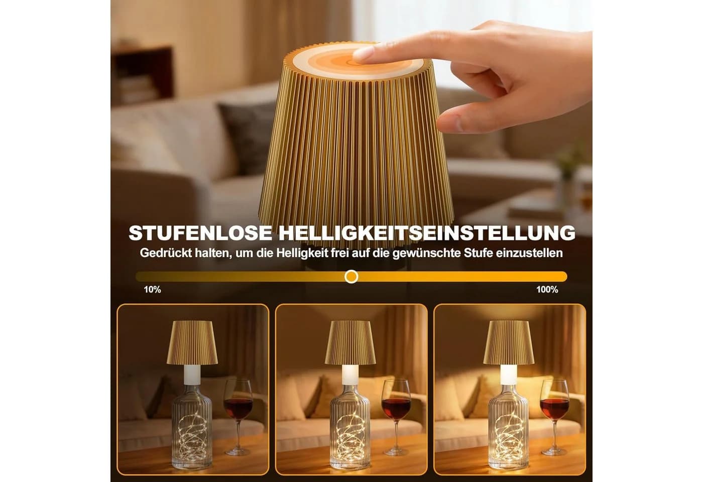 LaCute LED Flaschenlampe USB-C Akku Tischleuchte mit Lichterkette Gold - Bild 3