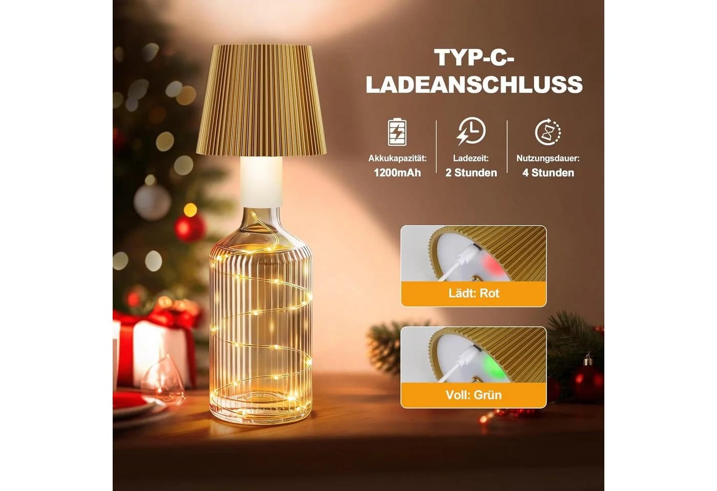 LaCute LED Flaschenlampe USB-C Akku Tischleuchte mit Lichterkette Gold - Bild 4