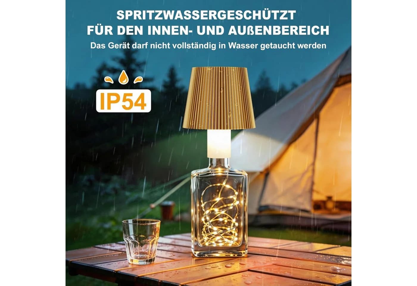 LaCute LED Flaschenlampe USB-C Akku Tischleuchte mit Lichterkette Gold - Bild 5