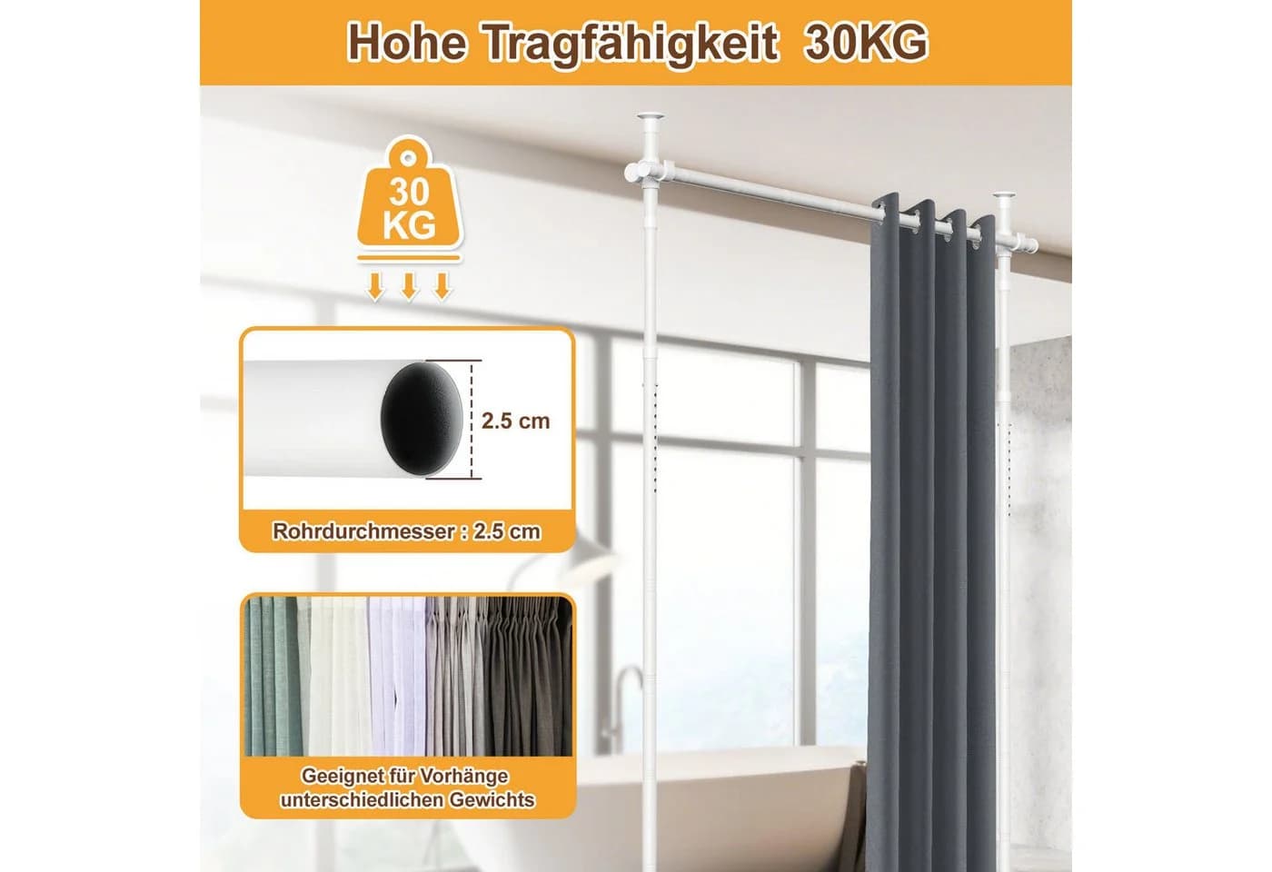 Clanmacy Verstellbarer Raumteilerregal Paravent Gardinenstange Schwarz/Weiß - Bild 5
