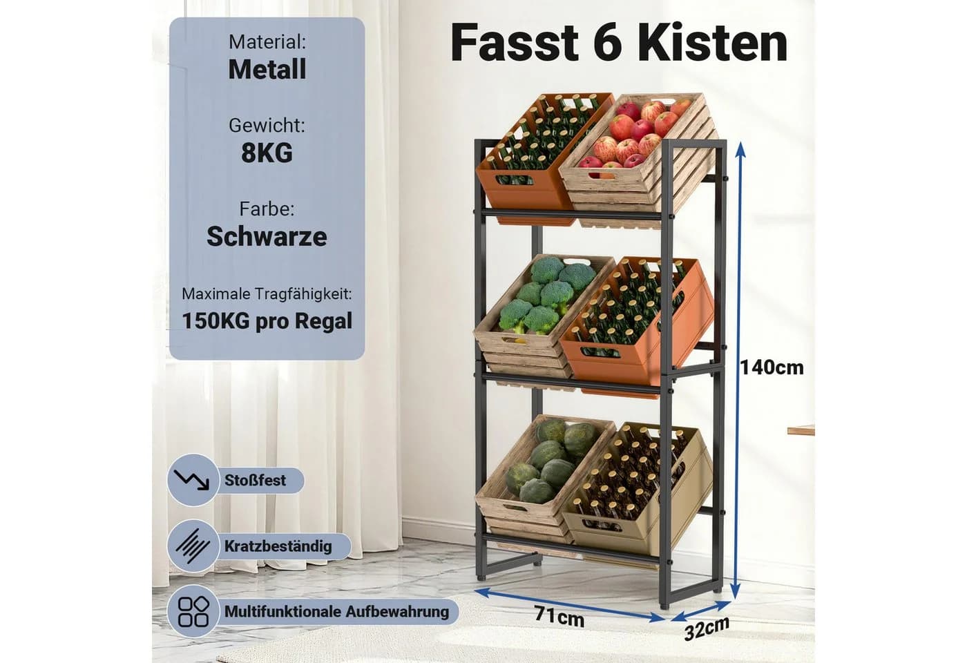 Clanmacy Getränkekistenregal Schwarz Metall