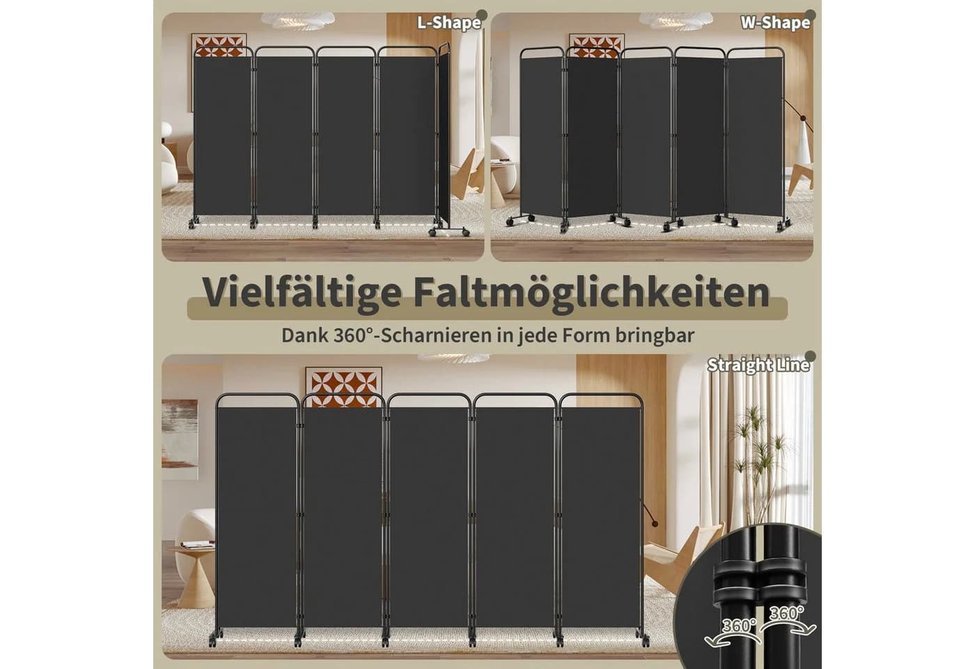 Clanmacy Paravent Trennwand mit Rollen Sichtschutz klappbar - Bild 4