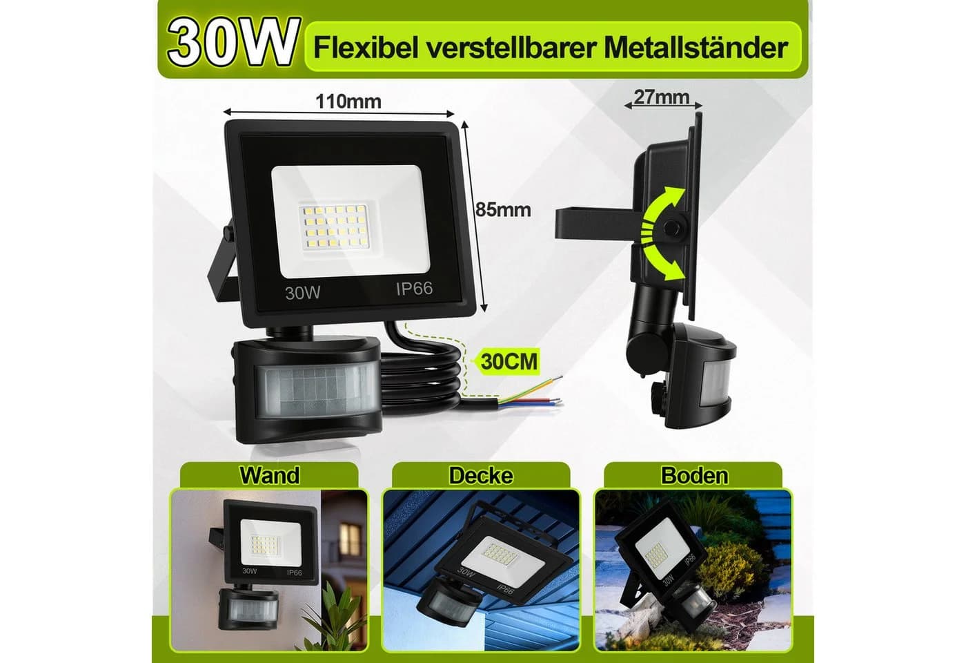 Clanmacy LED Flutlichtstrahler 30W Außenleuchte Kaltweiß Bewegungsmelder