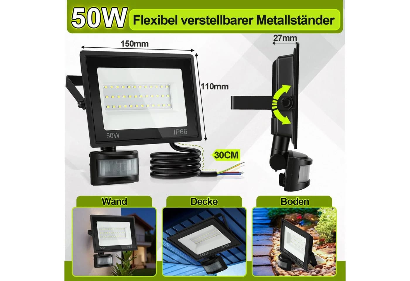 Clanmacy LED Flutlichtstrahler 50W Außenleuchte Kaltweiß Bewegungsmelder
