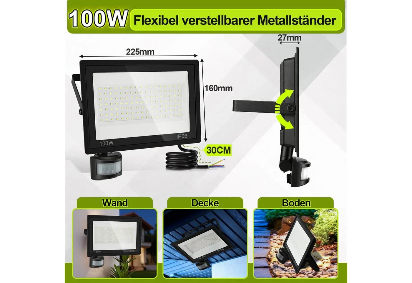 Clanmacy LED Flutlichtstrahler 100W mit Bewegungsmelder IP66
