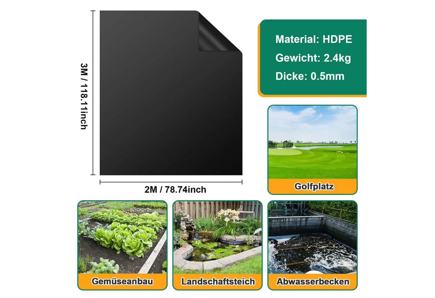 Clanmacy Teichfolie HDPE 0,5mm UV-beständig wasserdicht