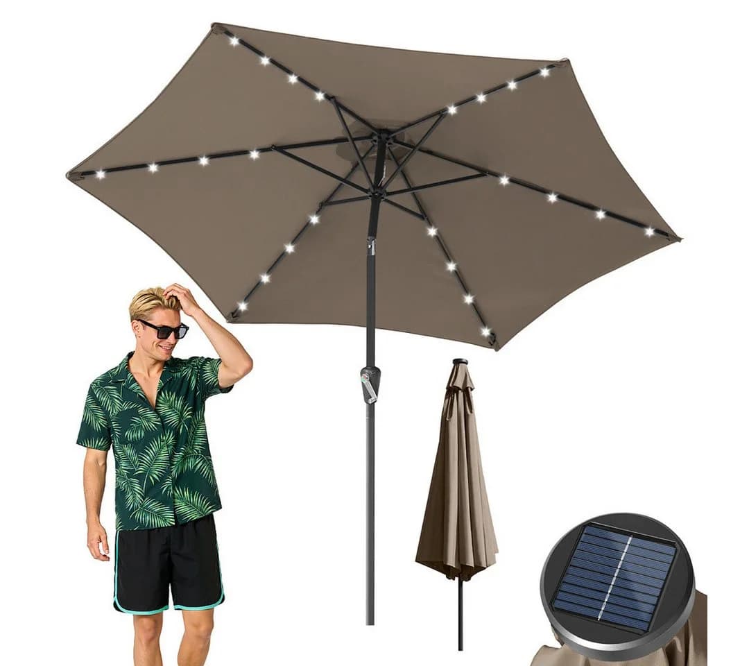 Clanmacy Sonnenschirm 2,7m knickbar mit Solar-LED Taupe