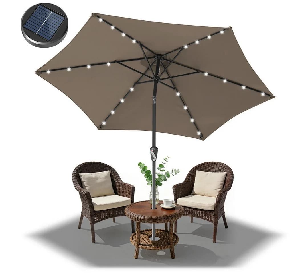 Clanmacy Sonnenschirm 2,7m knickbar mit Solar-LED Taupe - Bild 2