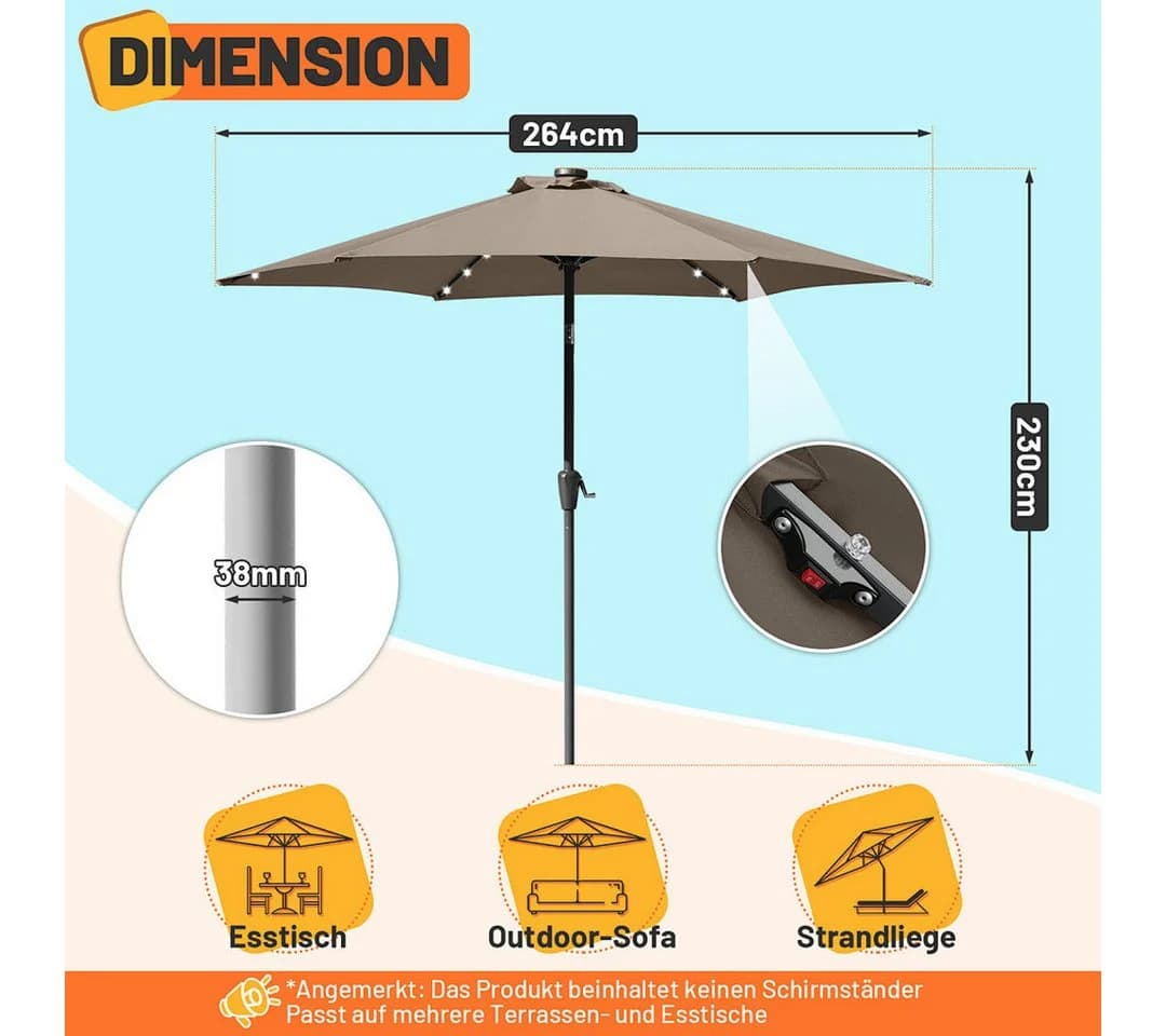 Clanmacy Sonnenschirm 2,7m knickbar mit Solar-LED Taupe - Bild 3