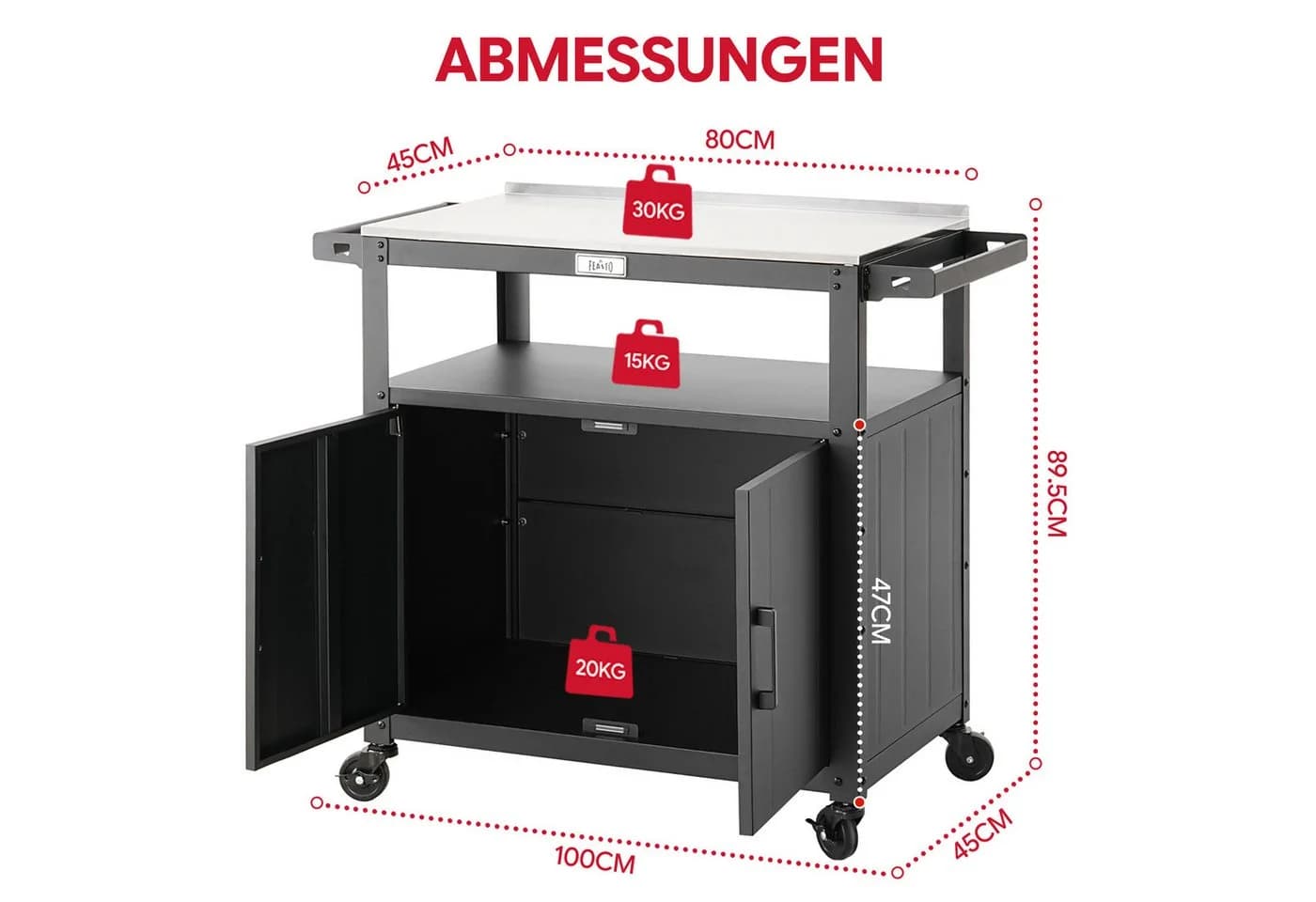 Feasto Servierwagen Edelstahl Schwarz 100x45x89,5 cm