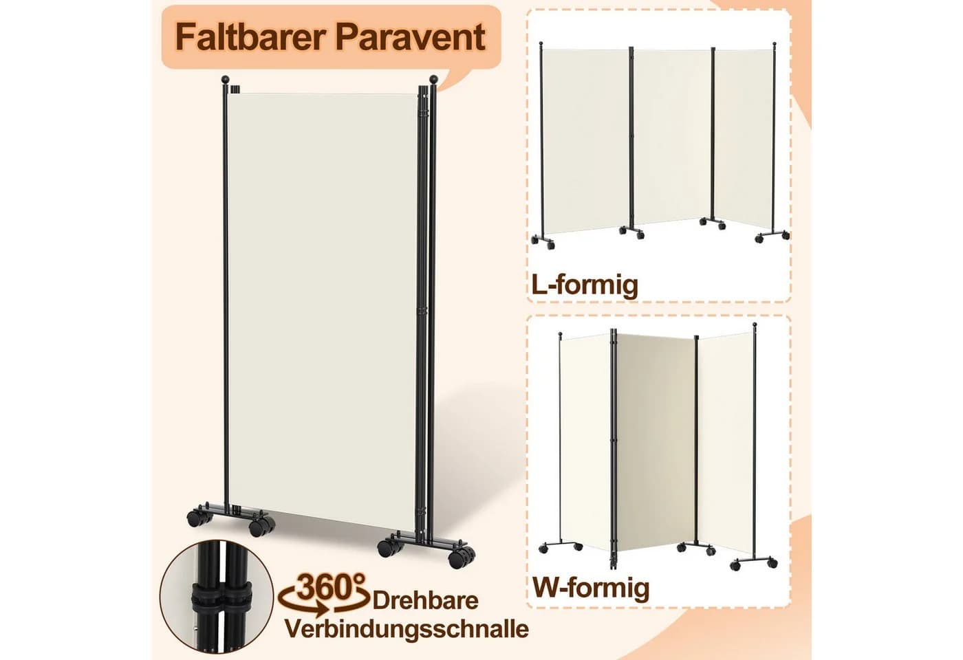 Clanmacy Paravent Raumtrenner Beige Klappbar mit Rollen - Bild 5