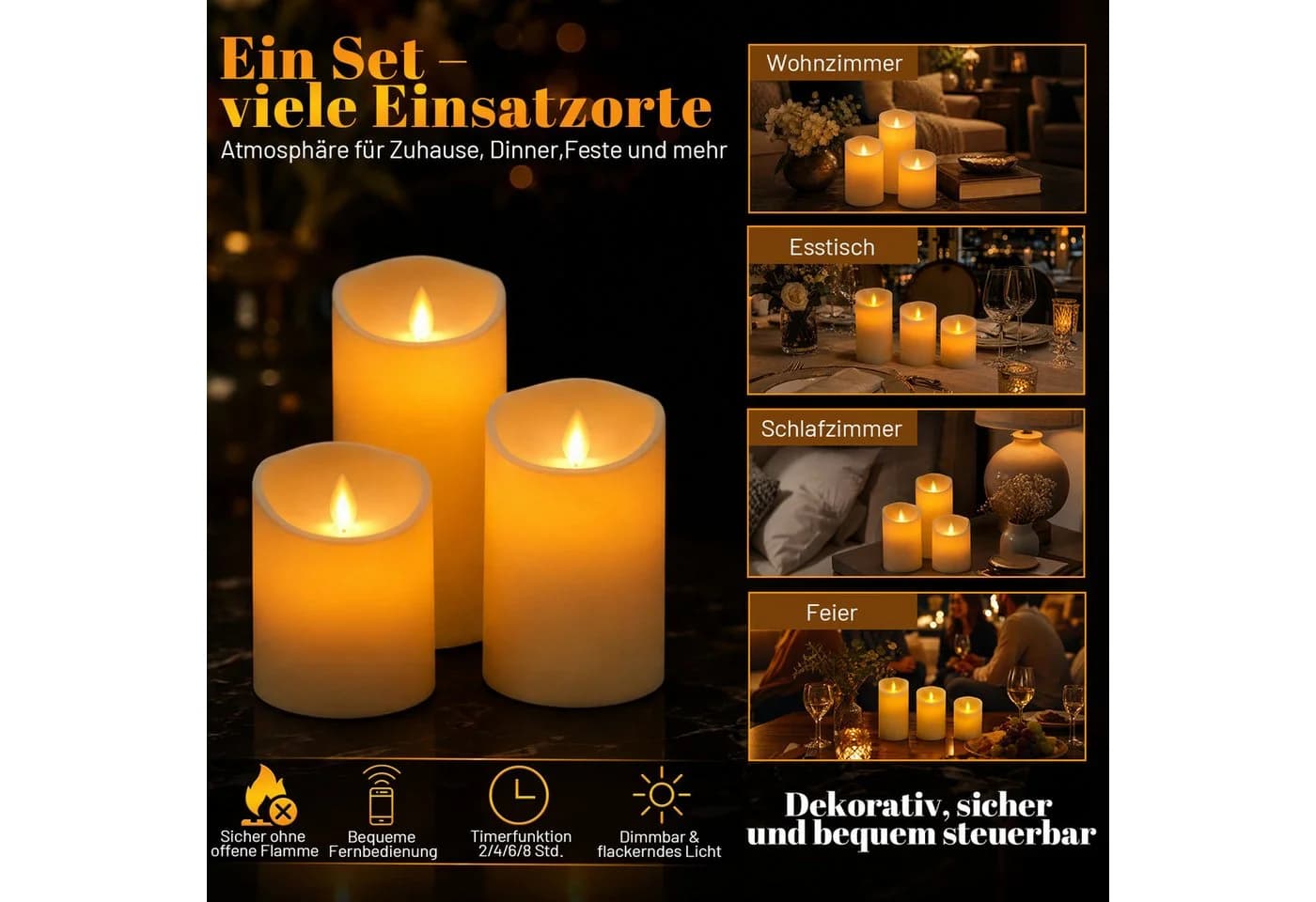 Clanmacy LED-Kerzen Set 3-teilig Fernbedienung Dimmbar Warmweiß - Bild 3
