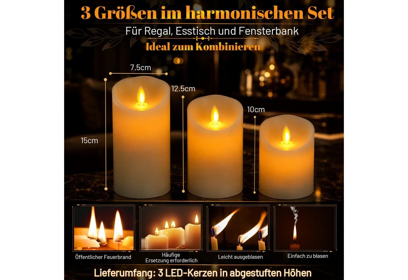 Clanmacy LED-Kerzen 3er Set Echtwachs Dimmbar Timer Fernbedienung Warmweiß