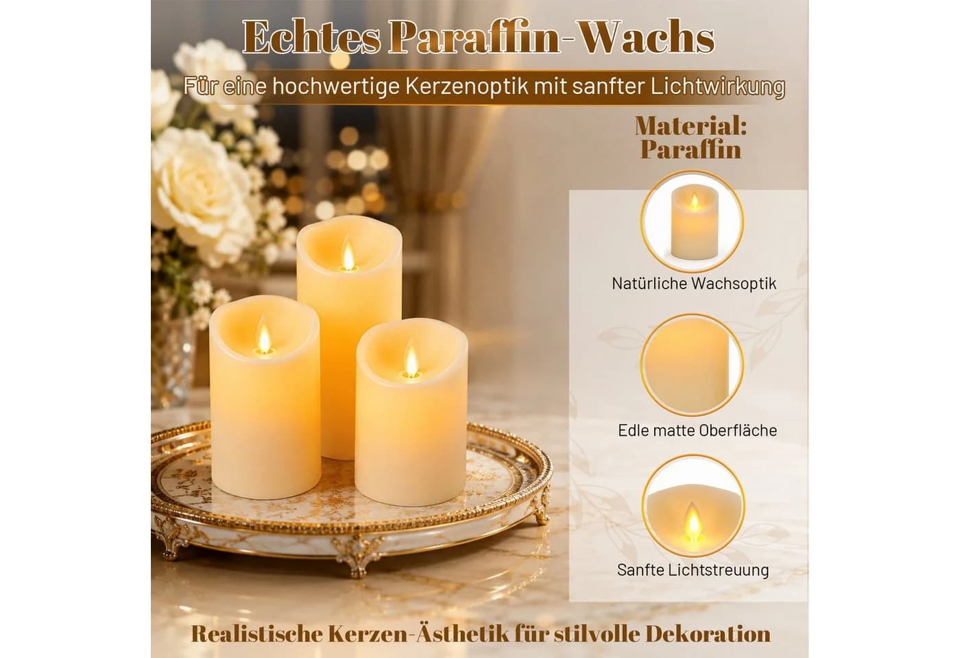 Clanmacy LED-Kerzen 3er Set Echtwachs Dimmbar Timer Fernbedienung Warmweiß - Bild 4