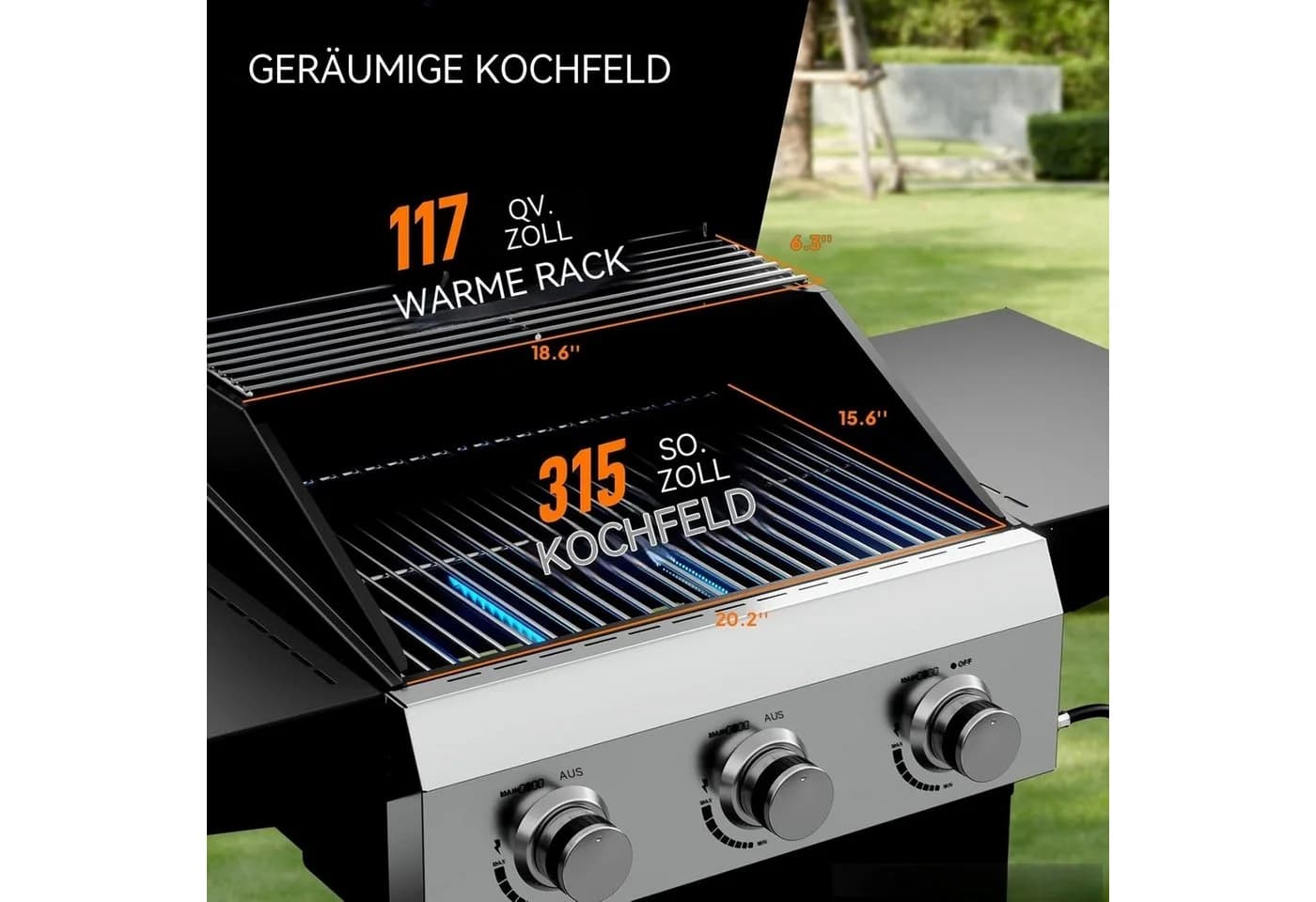 LALAHO Gasgrill Grillwagen 3 Brenner Schwarz mit Unterschrank - Bild 3