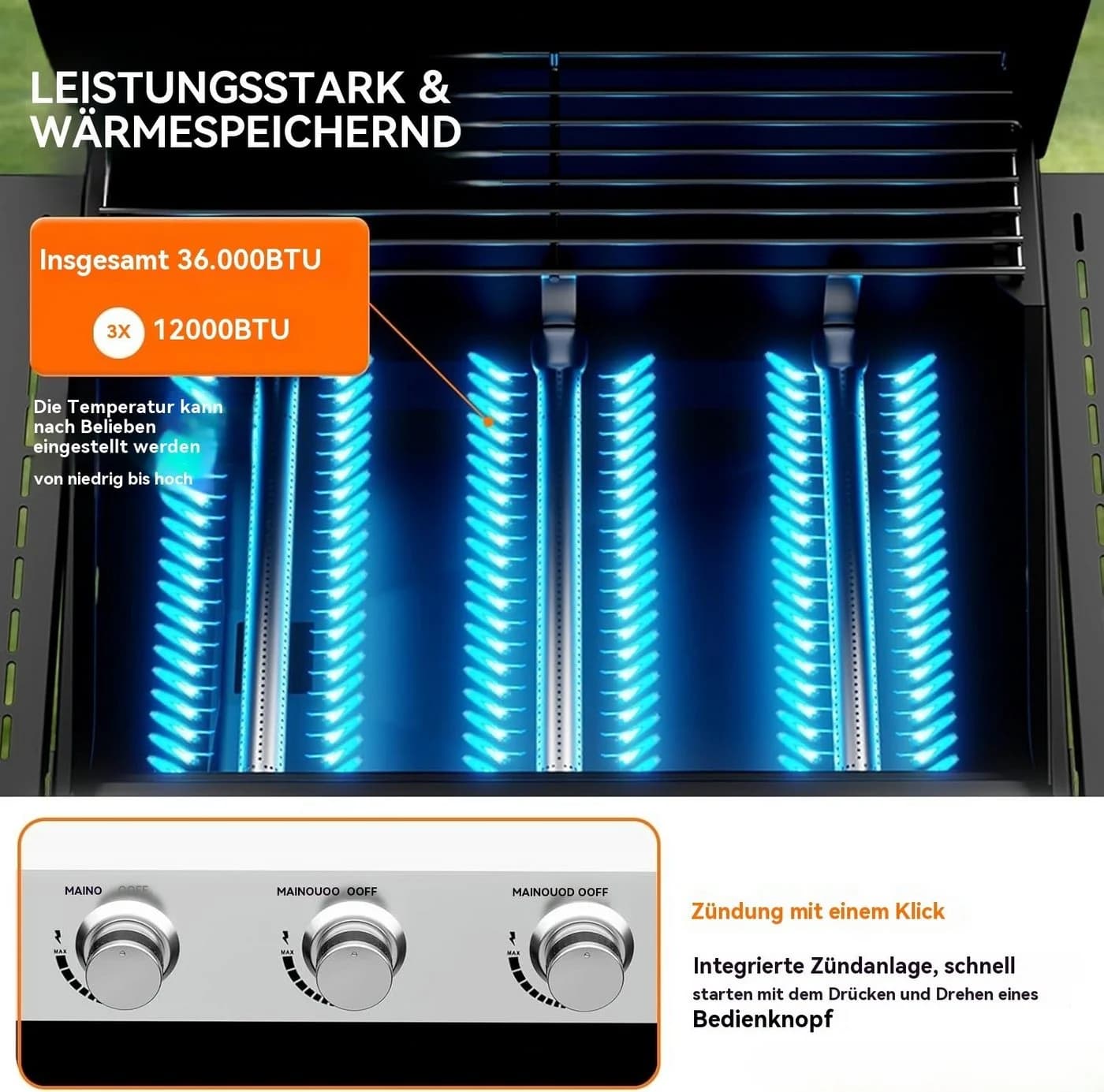 LALAHO Gasgrill Grillwagen 3 Brenner Schwarz mit Unterschrank - Bild 4