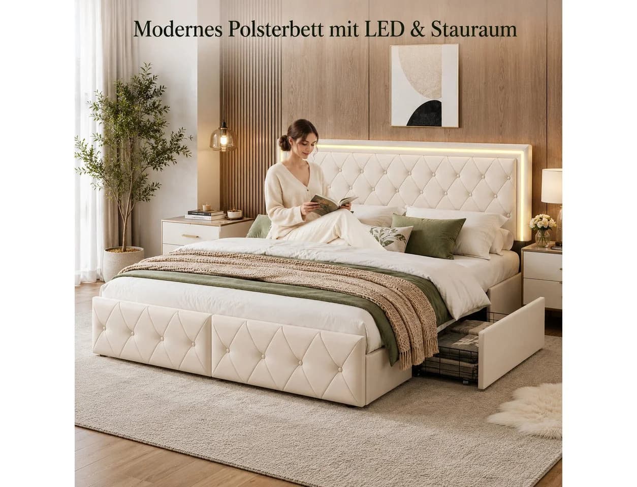 Simurq Polsterbett 140x200 Stauraumbett Beige Grau - Bild 2