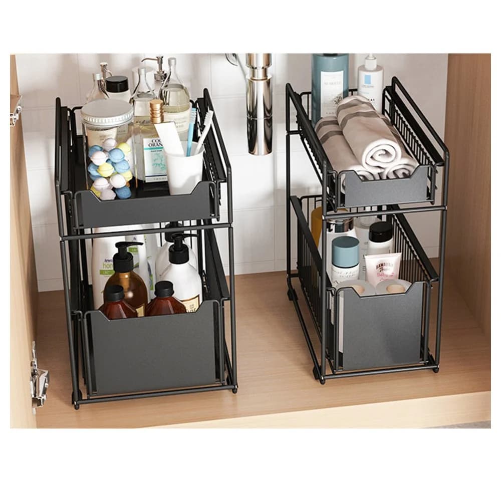 JEOBEST Küchenregal Schiebeschrank, ausziehbarer Korb, Gewürzregal, 2er Set, Schubladenkorb, 2 Ebenen, Metall