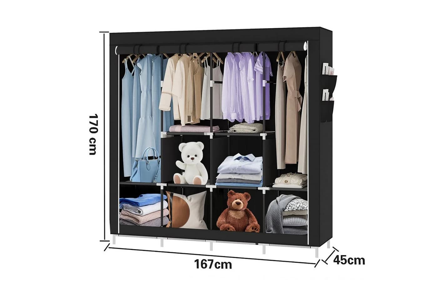 JEOBEST Kleiderschrank Stoffschrank Schwarz mit Kleiderstange und Ablagen - Bild 3