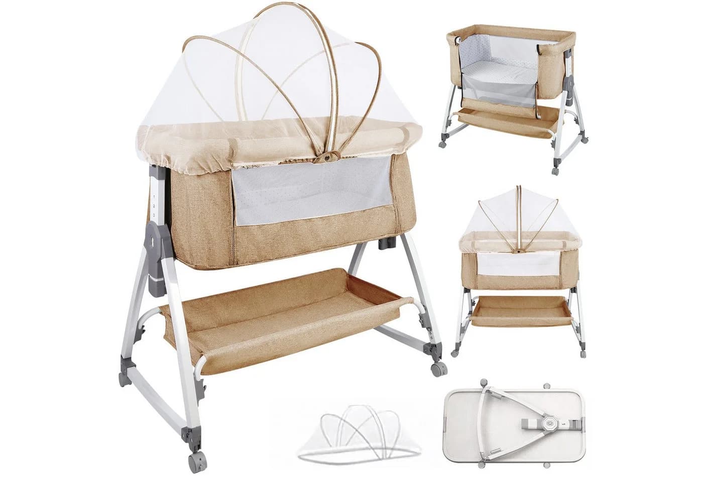 JEOBEST Beistellbett 3 in 1 Babybett Beige/Weiß mit Moskitonetz - Bild 2