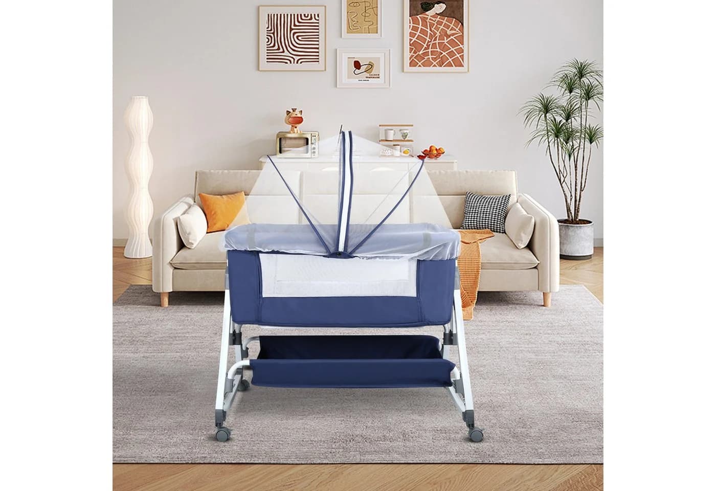 JEOBEST Beistellbett 3 in 1 Babybett mit Moskitonetz und Stauraum Dunkelblau