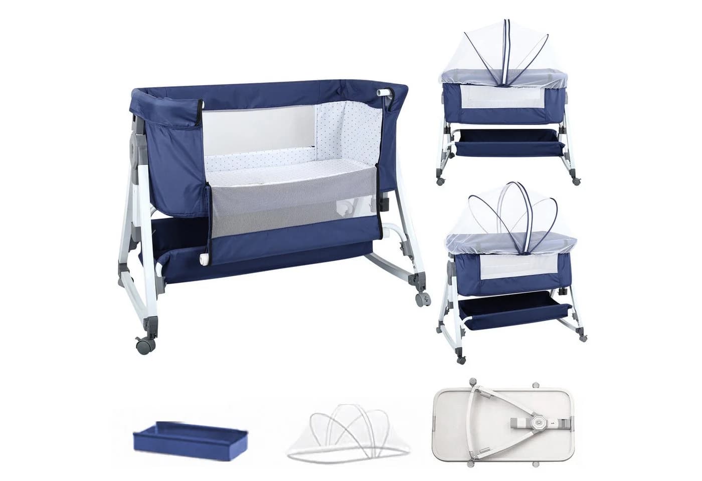 JEOBEST Beistellbett 3 in 1 Babybett mit Moskitonetz und Stauraum Dunkelblau - Bild 2