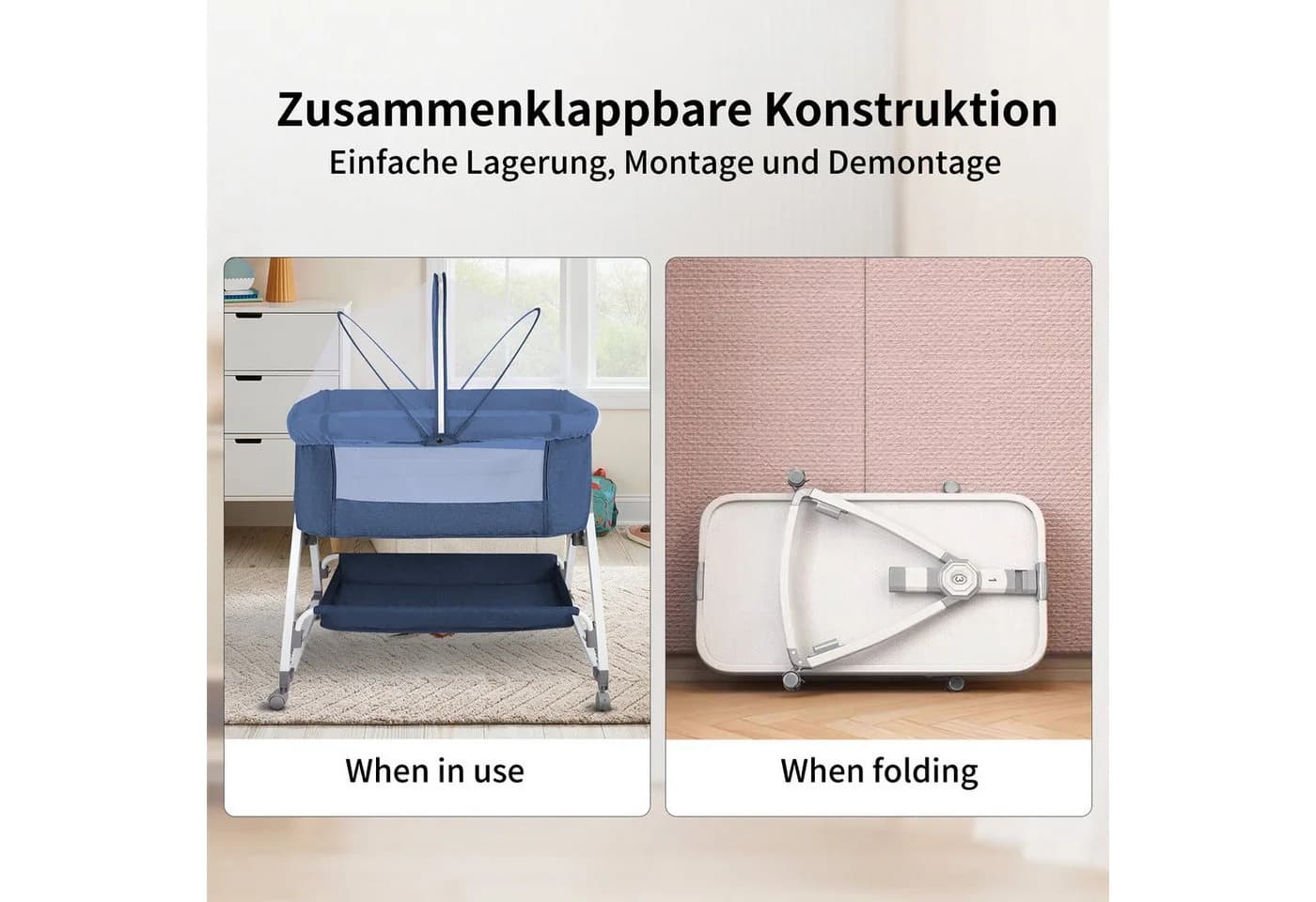 JEOBEST Beistellbett 3 in 1 Babybett mit Moskitonetz und Stauraum Dunkelblau - Bild 4
