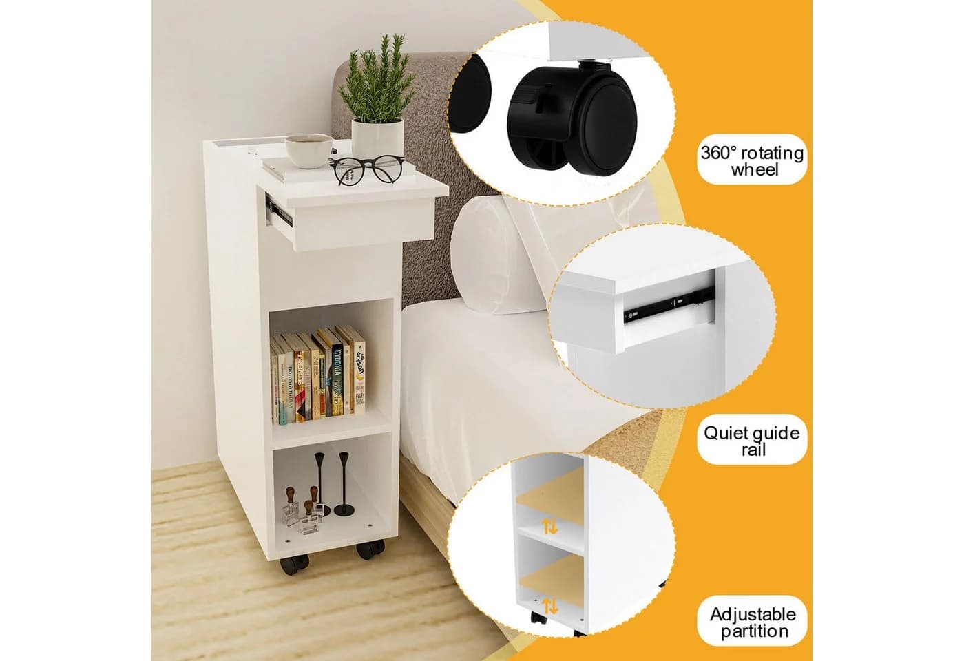 JEOBEST Nachttisch Schmal Weiß mit Schublade & Rollen