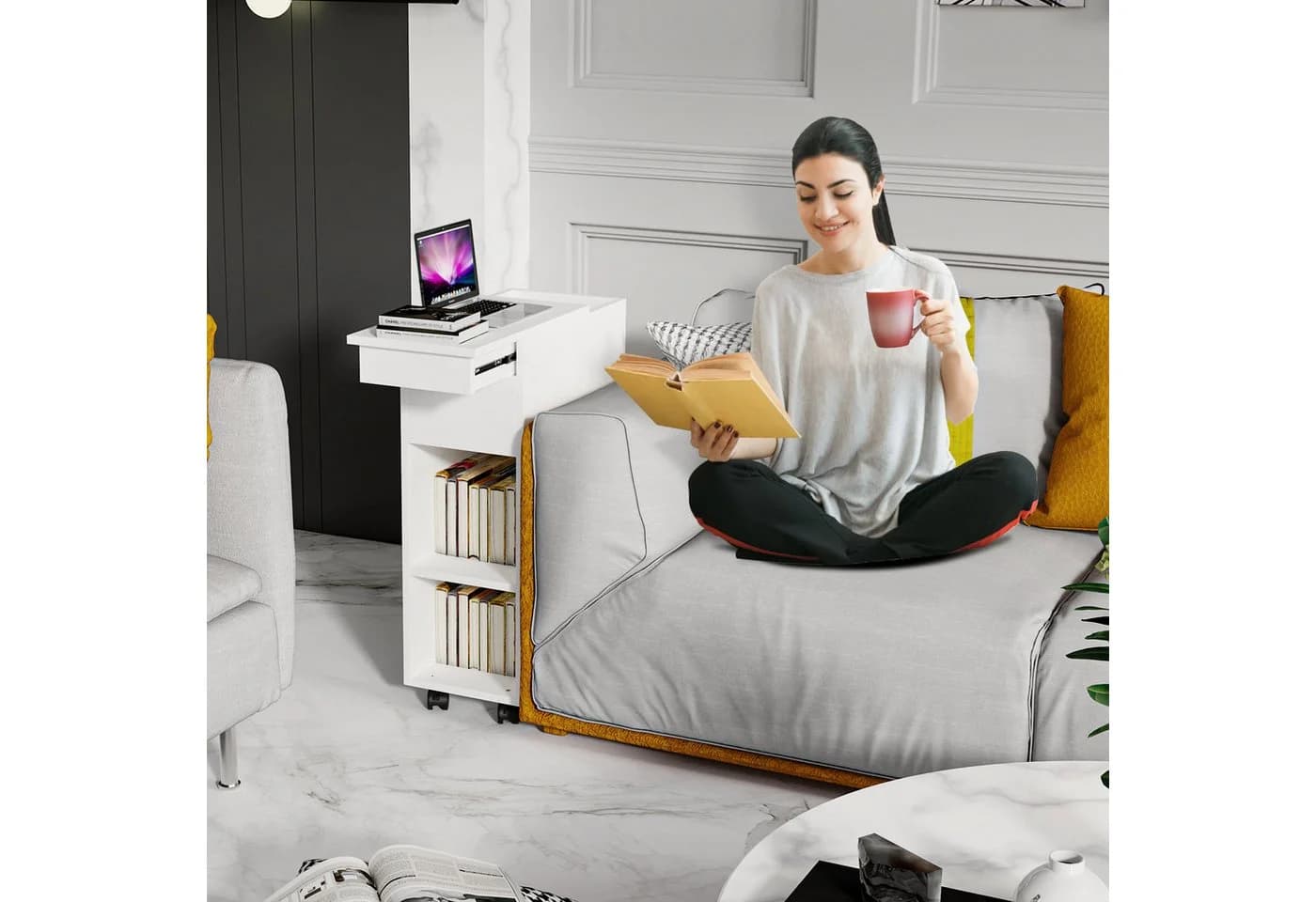 JEOBEST Nachttisch Schmal Weiß mit Schublade & Rollen - Bild 4